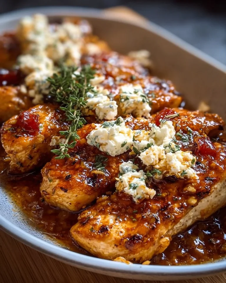 A delicious plate of hot honey feta chicken garnished with herbs and served with sides.
