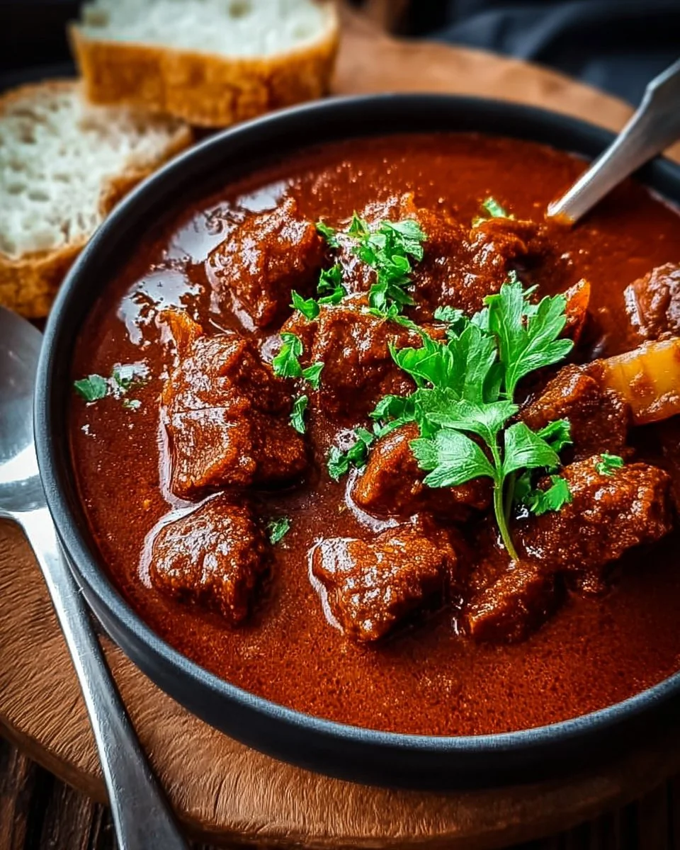 Delicious bowl of hearty Hungarian Goulash with vegetables and spices