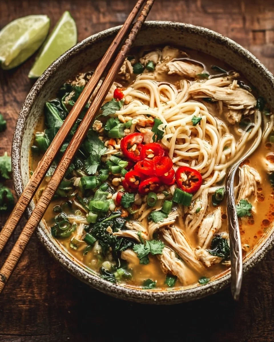 Bowl of Irresistible Asian Chicken Noodle Soup with fresh herbs and spices