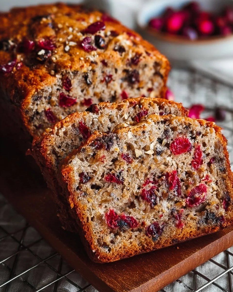 Loaf of irresistible cranberry apple banana bread with slices on a wooden table.