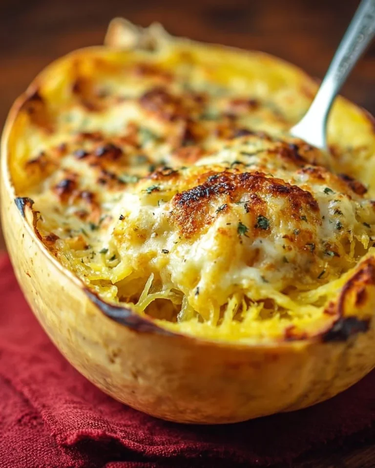 Baked gratin spaghetti squash topped with melted cheese and herbs