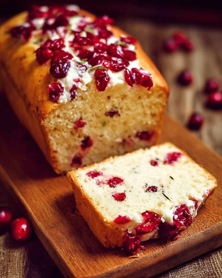 Slice of juicy cream cheese cranberry bread with fresh cranberries