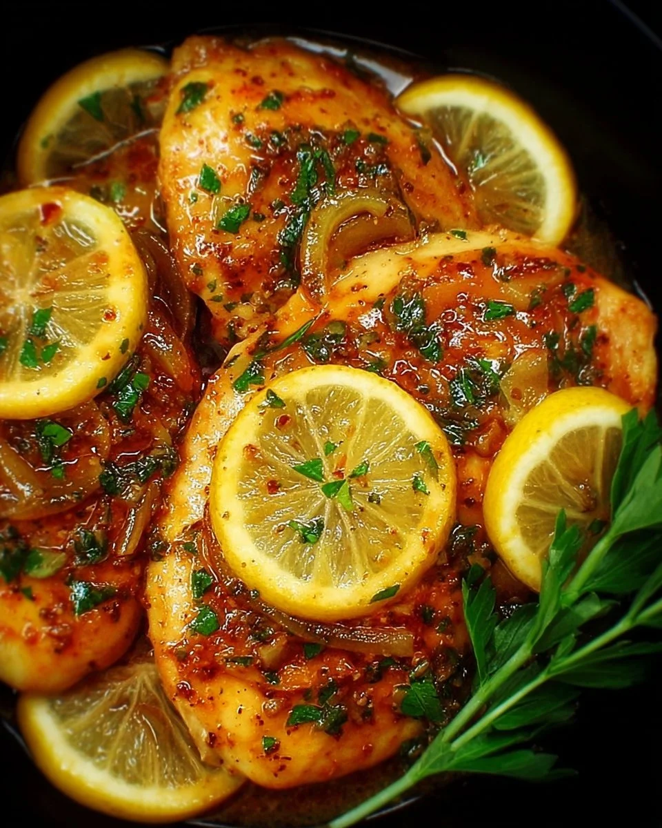 Juicy Meyer Lemon Chicken garnished with fresh herbs and lemon slices