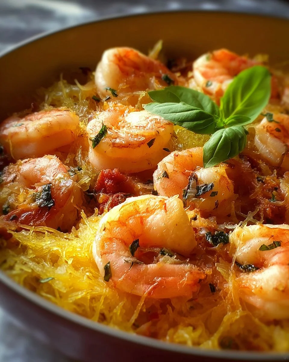 Juicy shrimp spaghetti squash dish garnished with herbs and spices