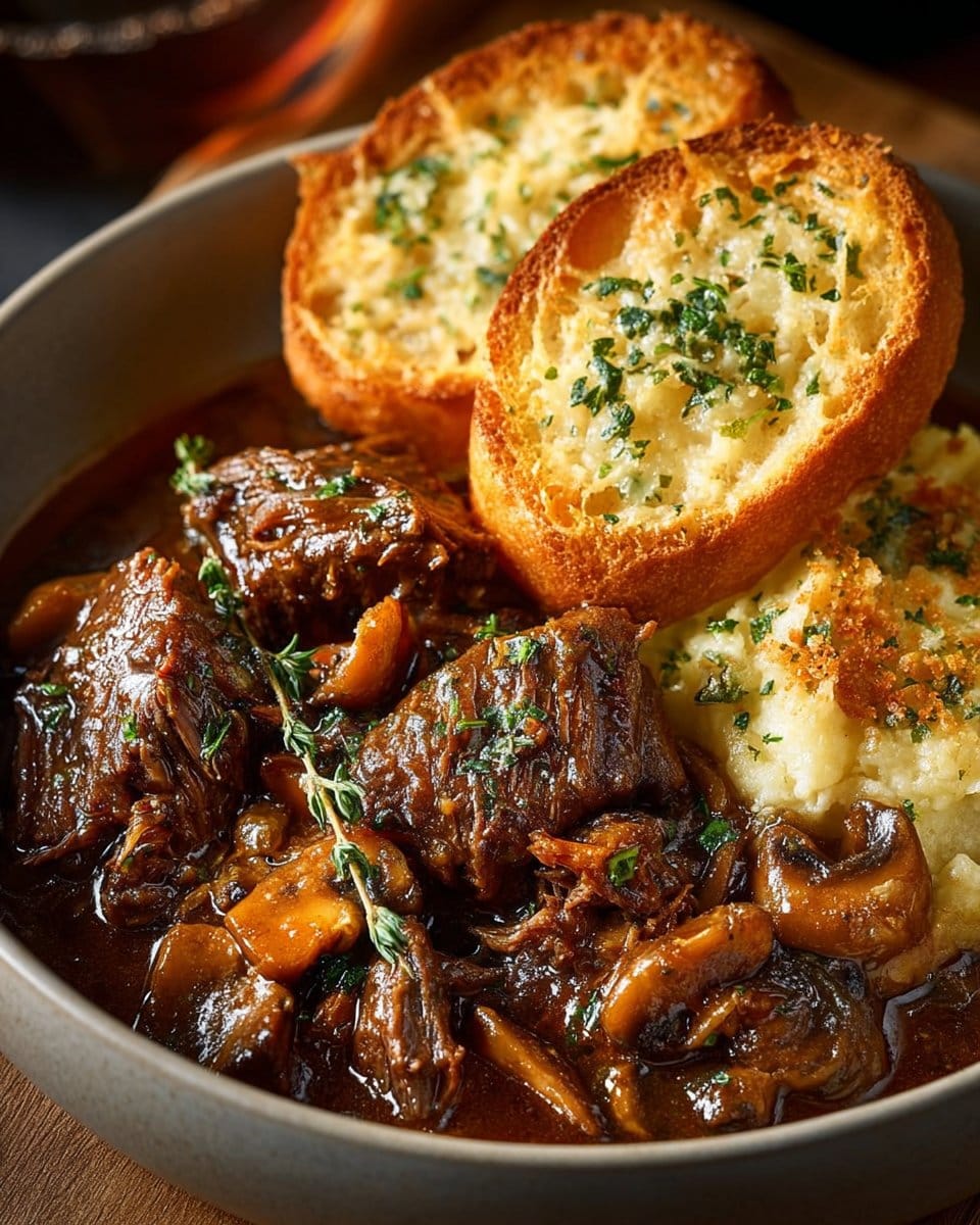 Savory French Onion Braised Beef with Mushrooms and Gruyère Toast