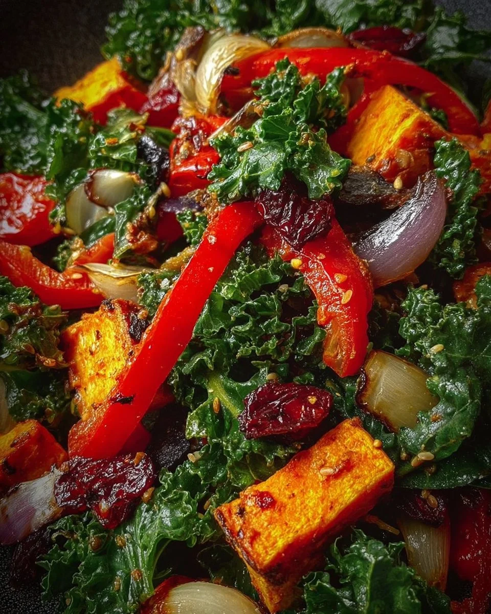 Kale Salad with Roasted Vegetables served in a bowl