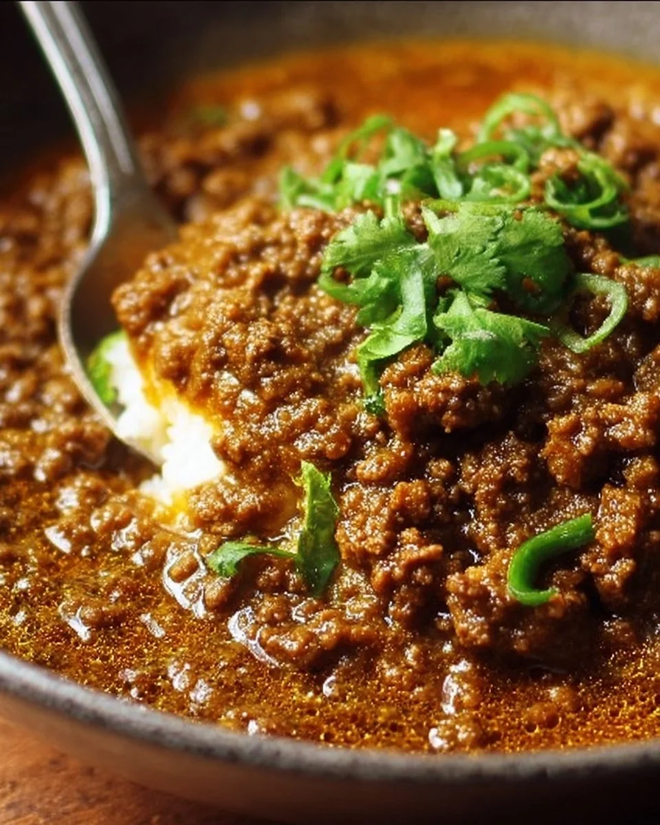 Delicious Keema Curry served with rice and naan on a plate