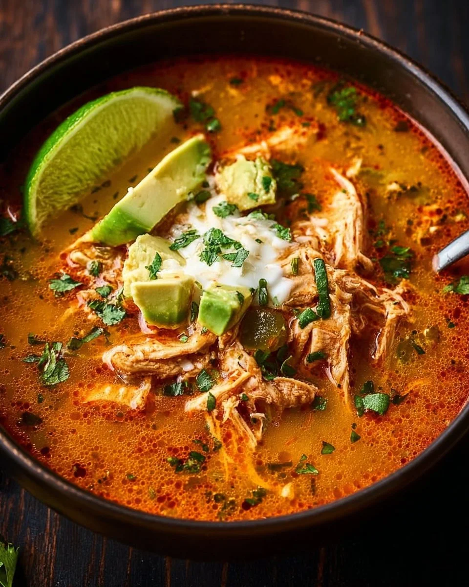 Bowl of delicious Keto Chicken Enchilada Soup topped with cheese and cilantro