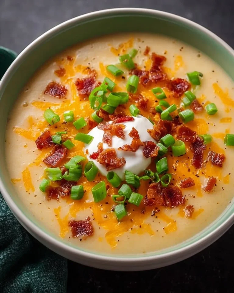 Delicious bowl of Keto Loaded Baked Potato Soup, topped with cheese and bacon