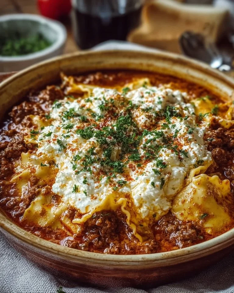 A bowl of delicious lasagna soup topped with cheese and herbs.