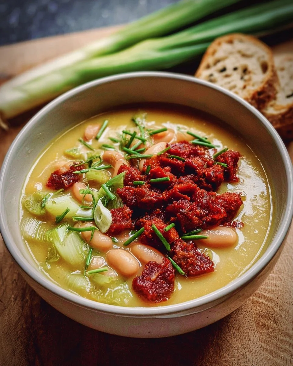 Bowl of leek soup with butter beans and crispy chorizo garnished with herbs