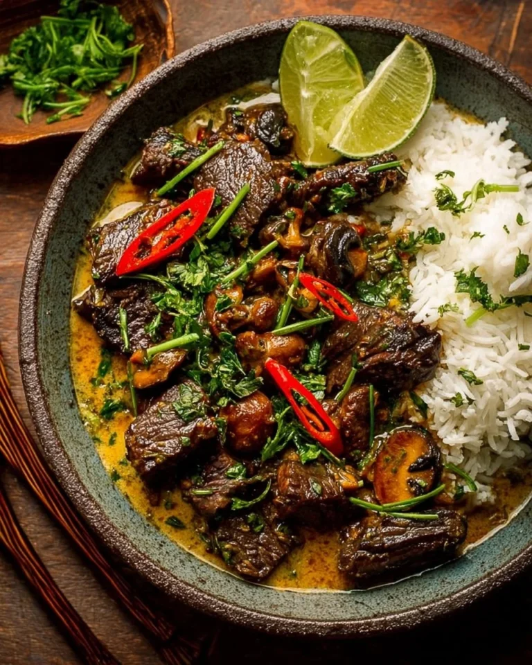 Delicious Lemongrass Coconut Braised Beef with Mushrooms served in a bowl.