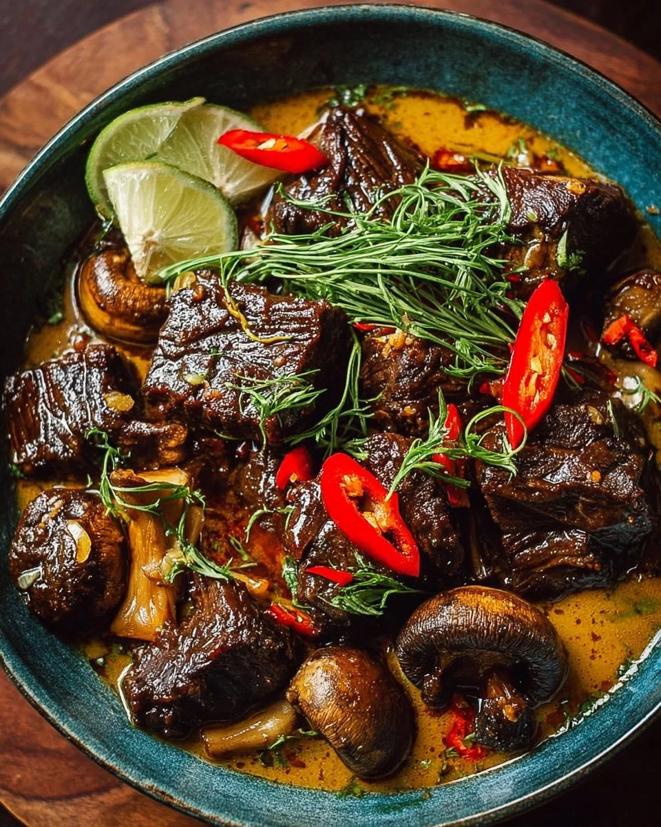 Lemongrass Coconut Braised Beef with Mushrooms served in a bowl