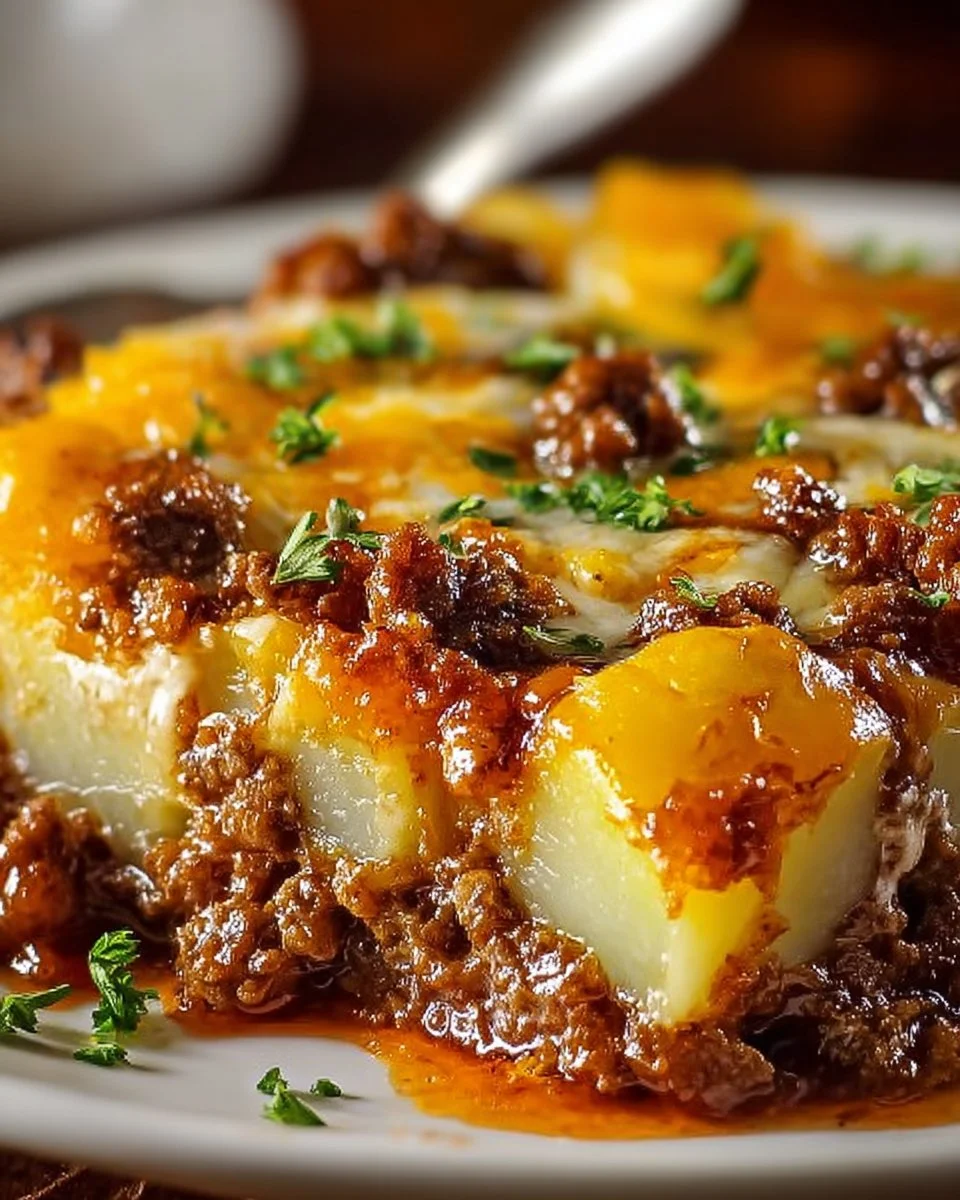 Delicious loaded potato meatloaf casserole served in a baking dish.