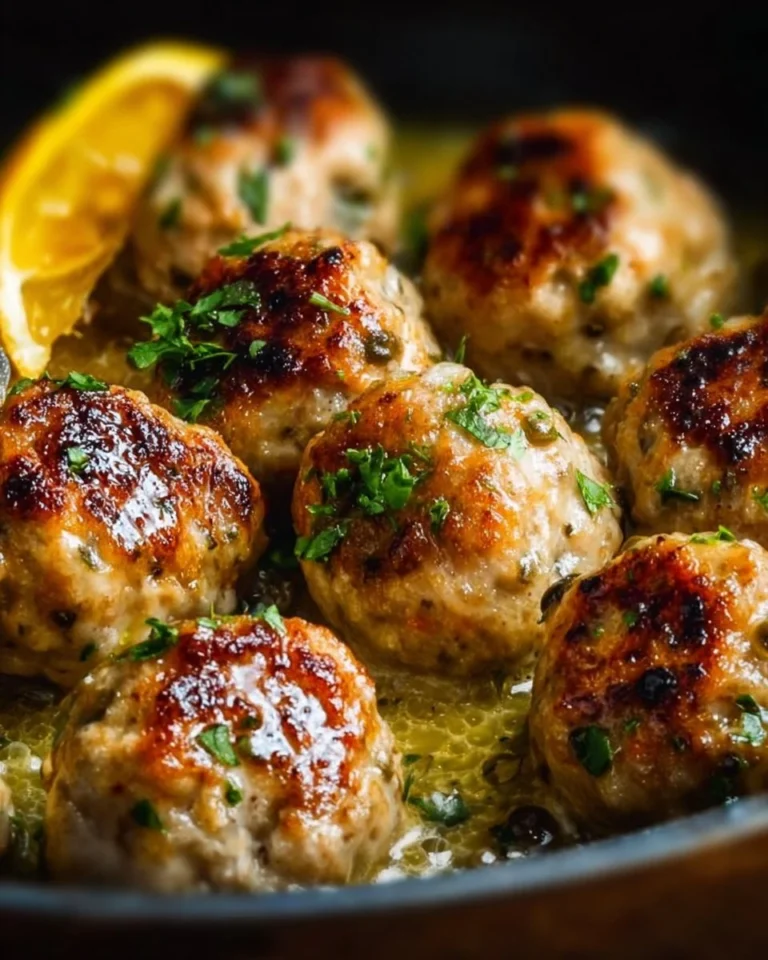 Low-Carb Chicken Piccata Meatballs served with lemon and capers