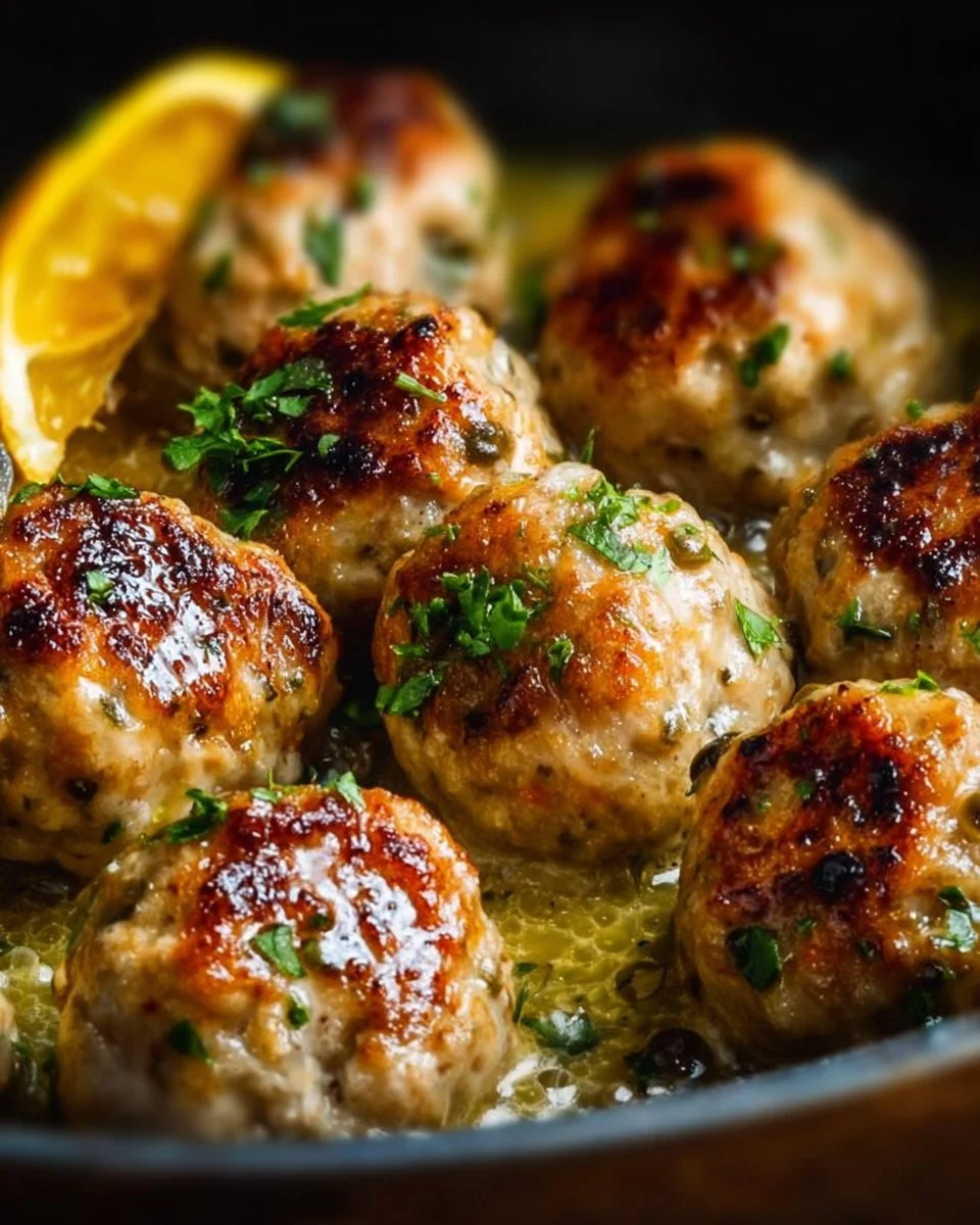 Low-Carb Chicken Piccata Meatballs served with lemon and capers