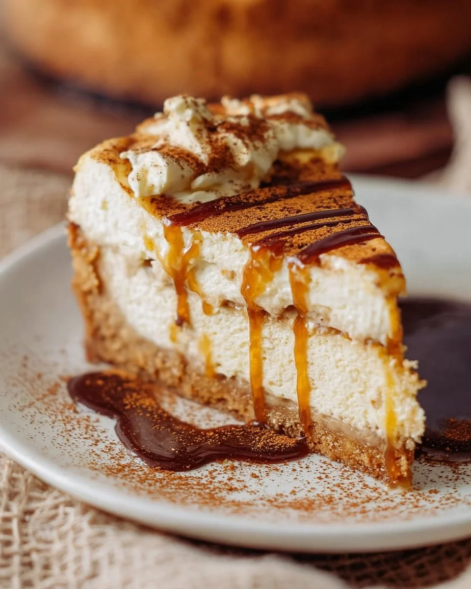 Slice of Maple Brown Butter Cheesecake with caramel drizzle on a plate