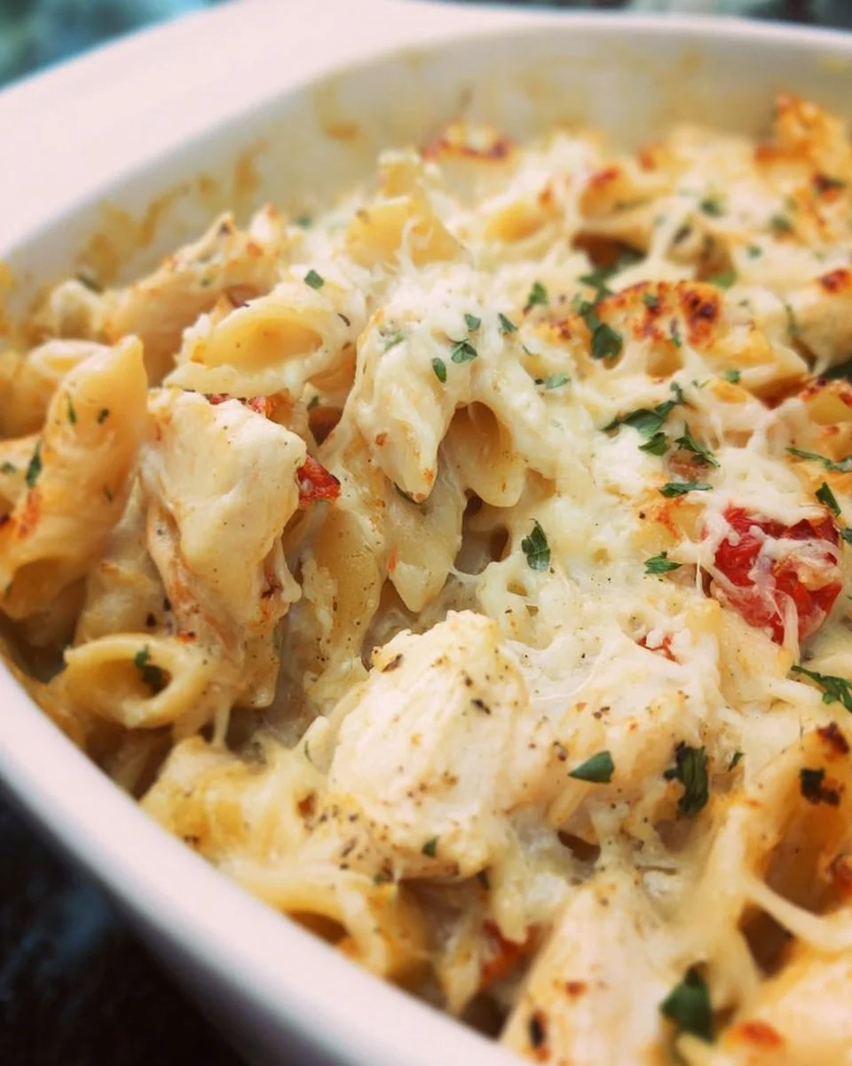 Delicious Marry Me Chicken Pasta Bake served in a baking dish with fresh herbs.