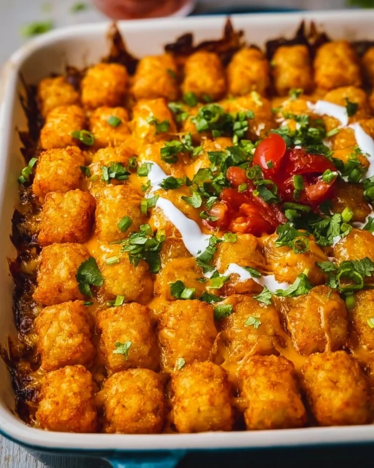 Delicious Mexican Tater Tot Casserole topped with cheese and spices