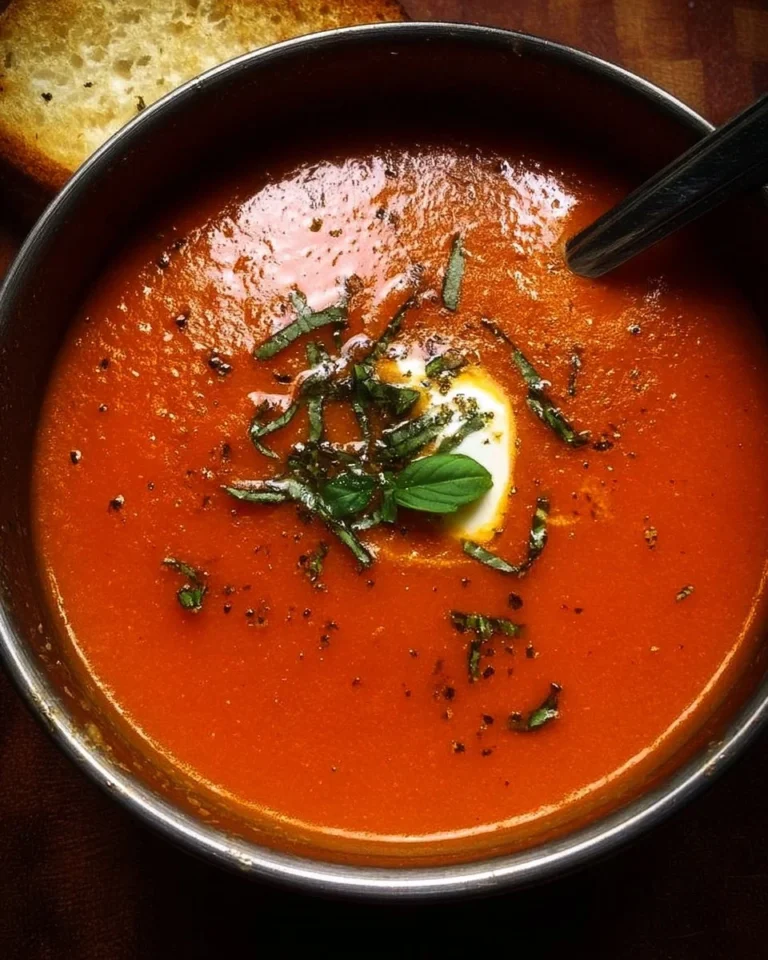 Bowl of Middle-of-Winter Tomato Soup with fresh herbs and tomatoes