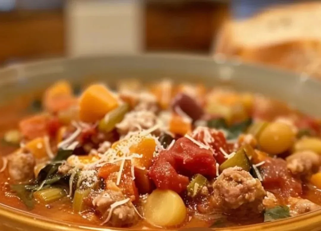 Bowl of delicious minestrone soup with sausage and fresh vegetables