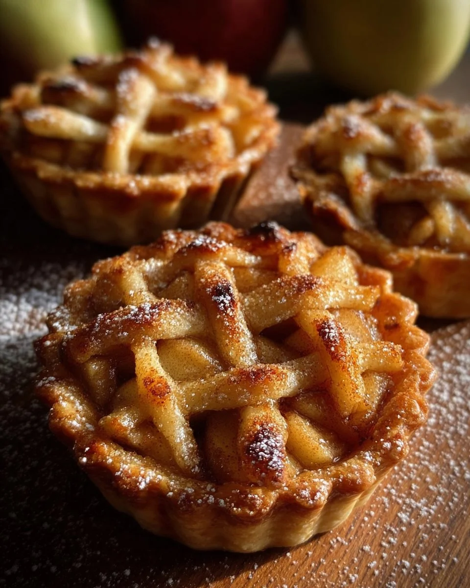 Delicious mini apple pies fresh out of the oven, garnished with crispy crust.