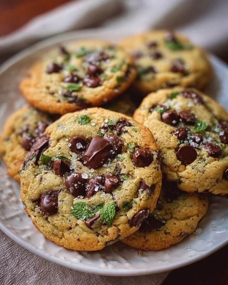 Freshly baked mint chocolate chip cookies on a cooling rack