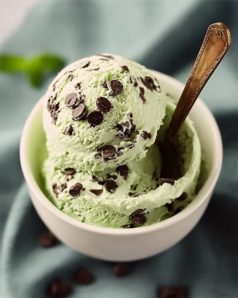 Mint chocolate chip protein ice cream served in a bowl with fresh mint leaves