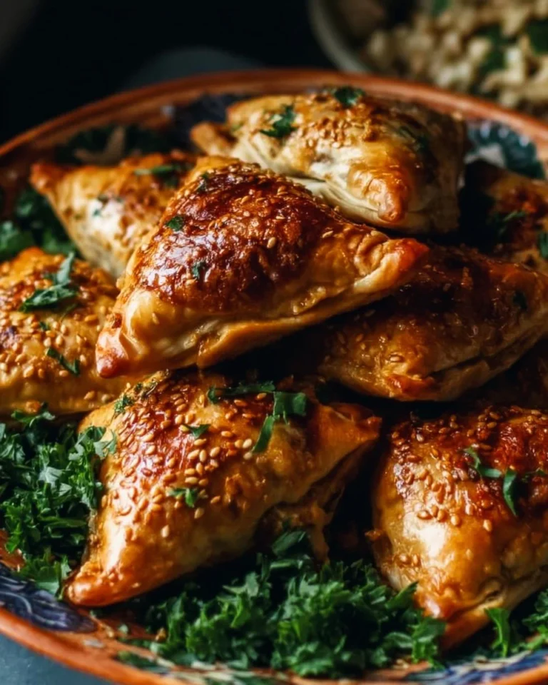 Moroccan spiced chicken briouats on a serving platter.