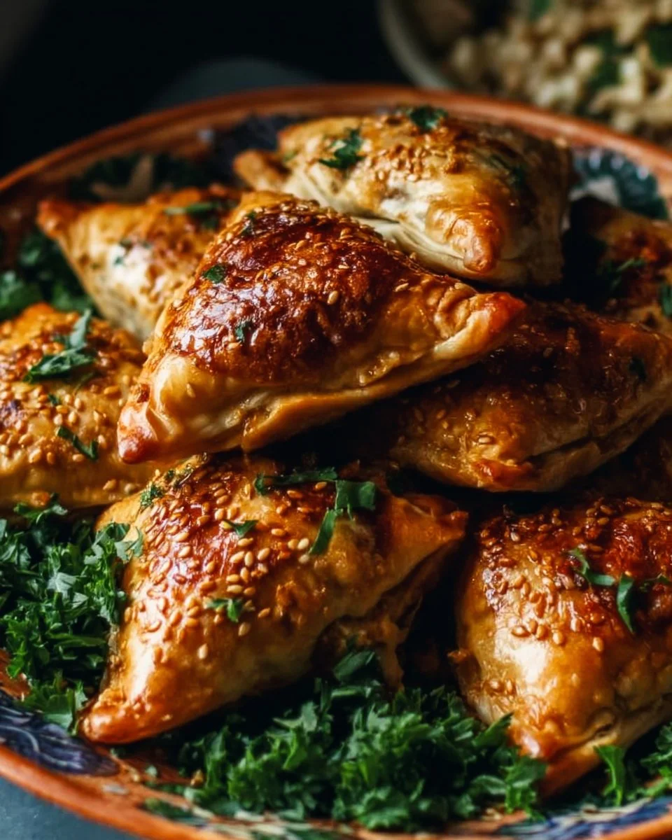 Moroccan spiced chicken briouats on a serving platter.