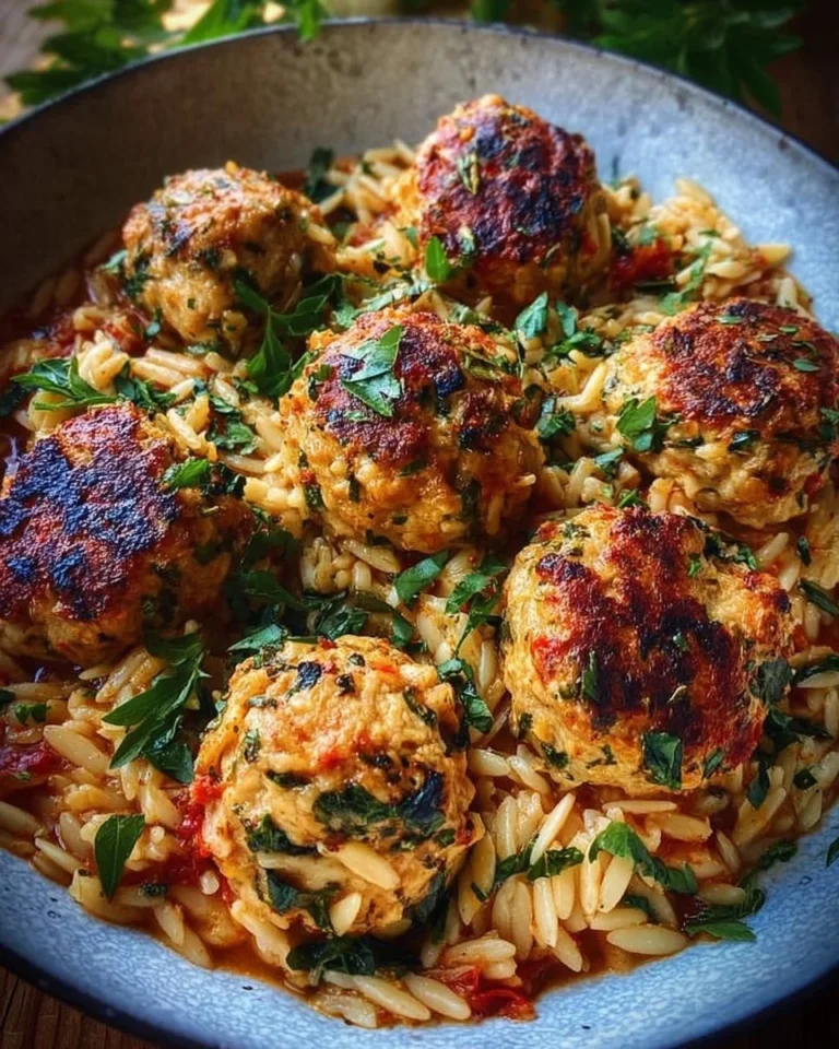 Delicious Tuscan chicken meatballs served with orzo pasta.