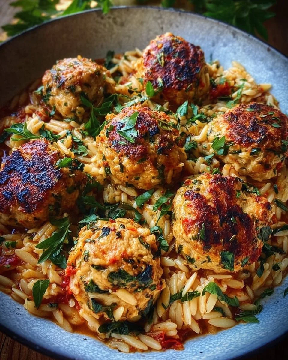 Delicious Tuscan chicken meatballs served with orzo pasta.