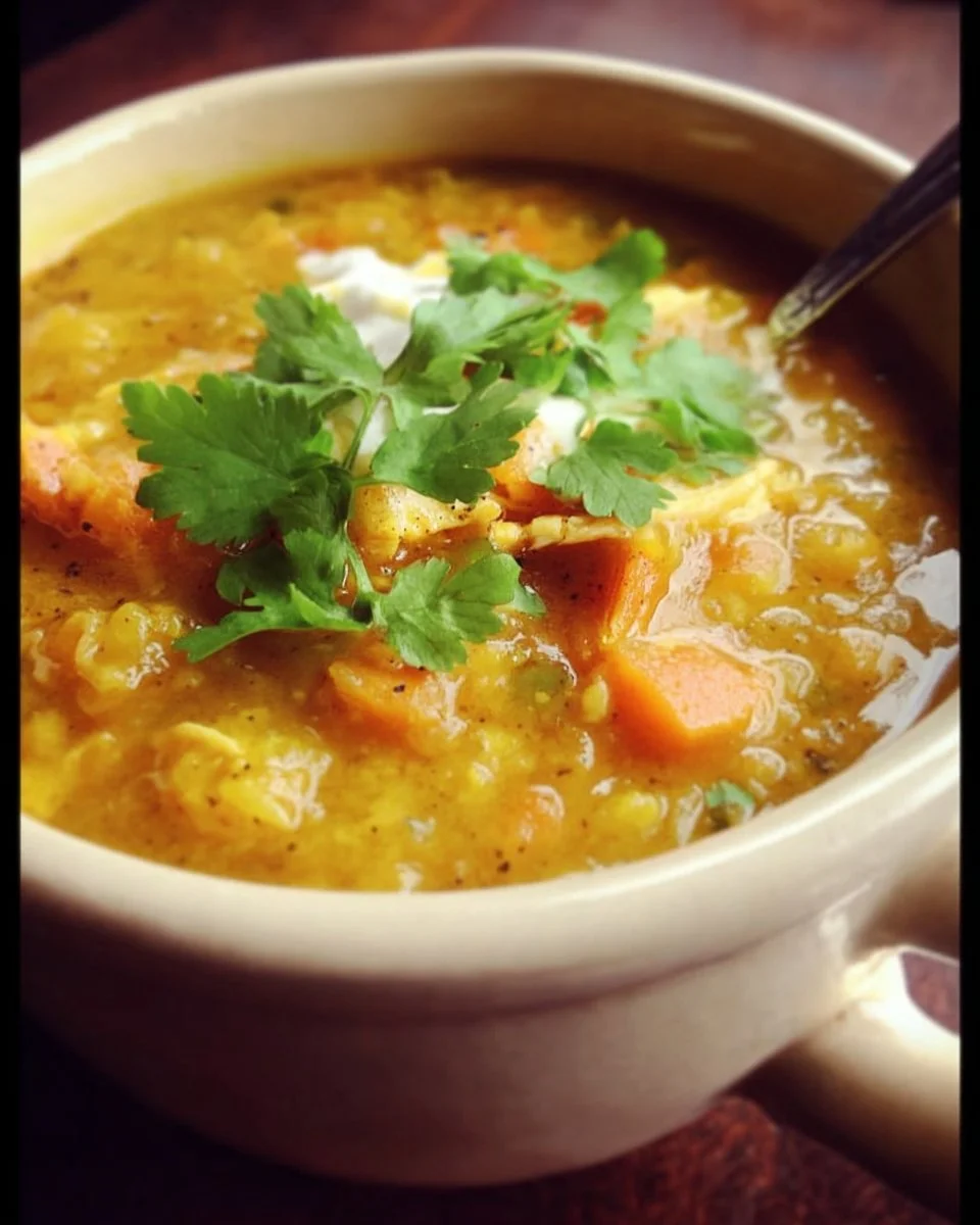 A bowl of Mulligatawny Soup garnished with herbs and spices.