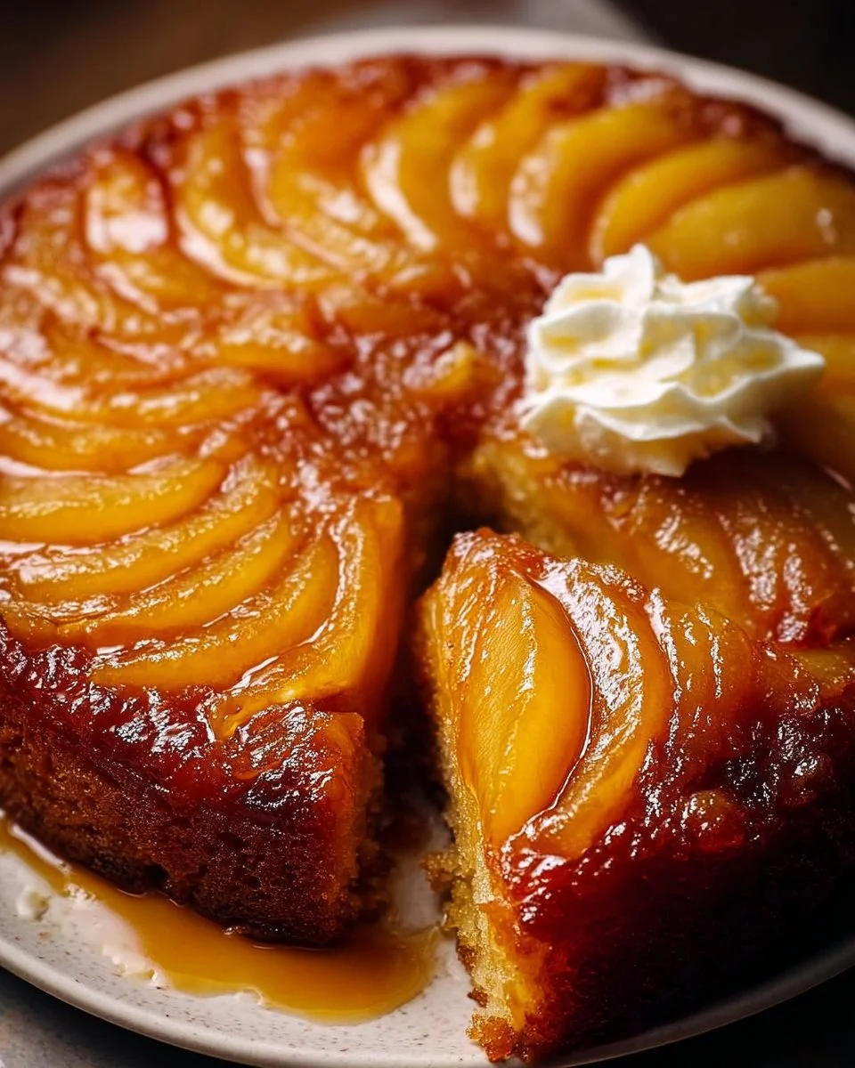 Delicious apple upside down cake topped with caramelized apples and a golden crust