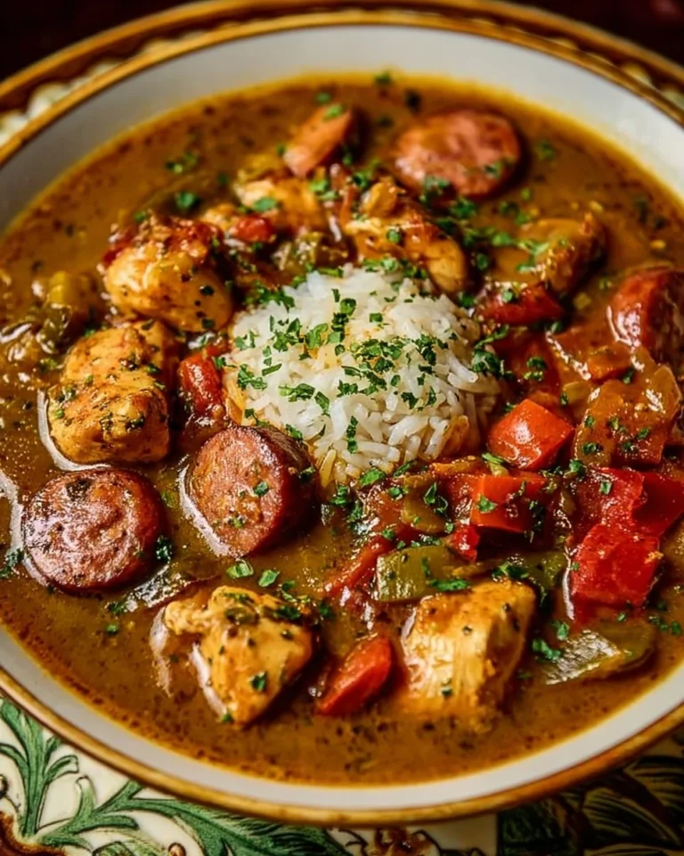 Bowl of New Orleans Cajun Chicken Gumbo with Andouille sausage and vegetables.