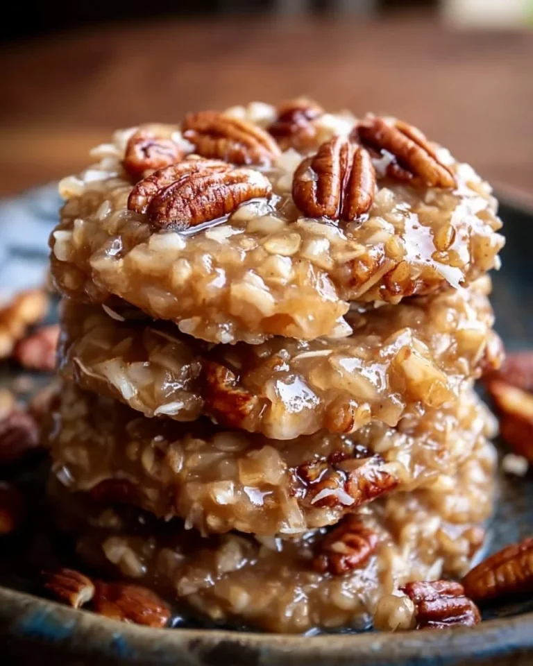Delicious No Bake Coconut Pecan Praline Cookies on a rustic wooden table