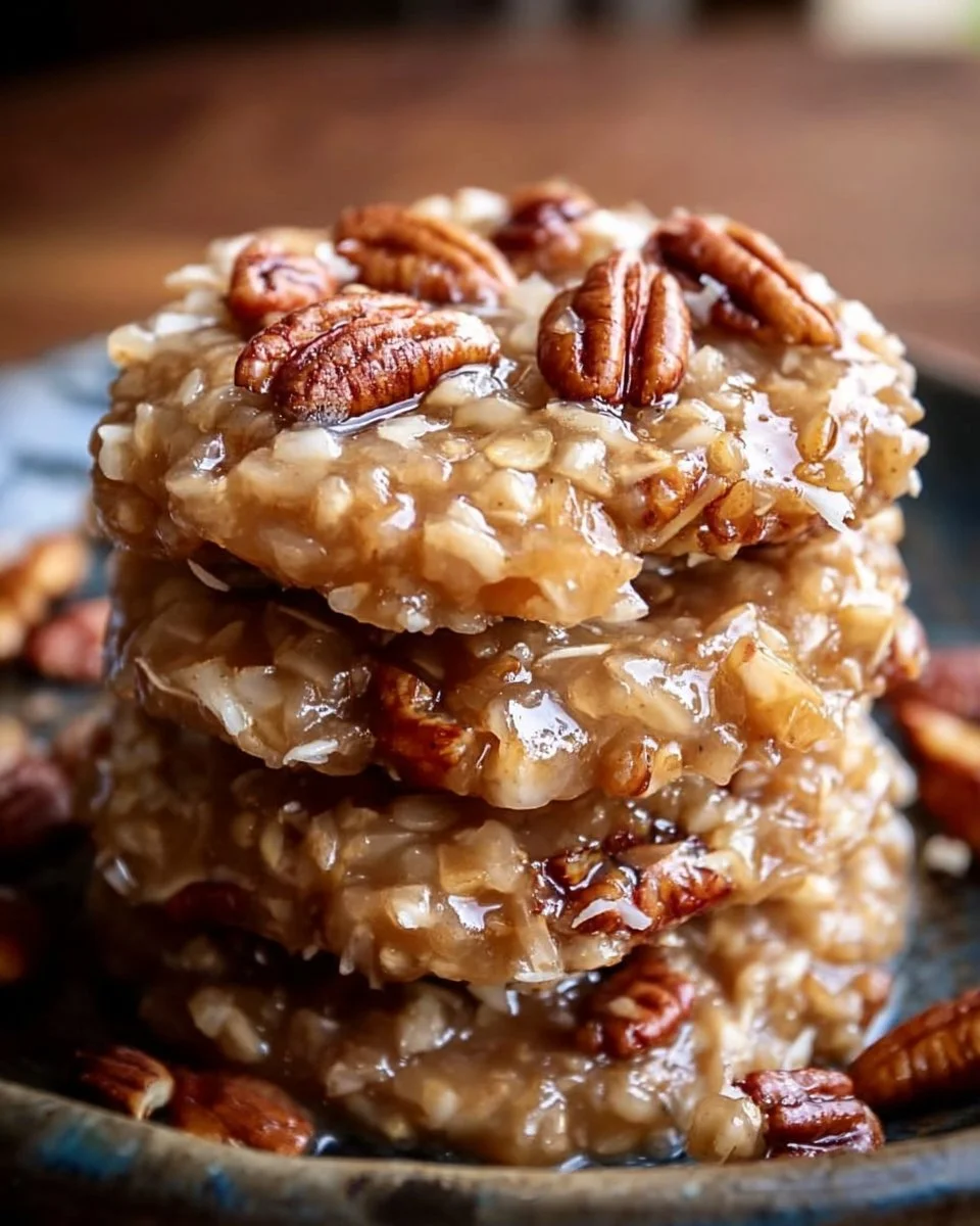 Delicious No Bake Coconut Pecan Praline Cookies on a rustic wooden table