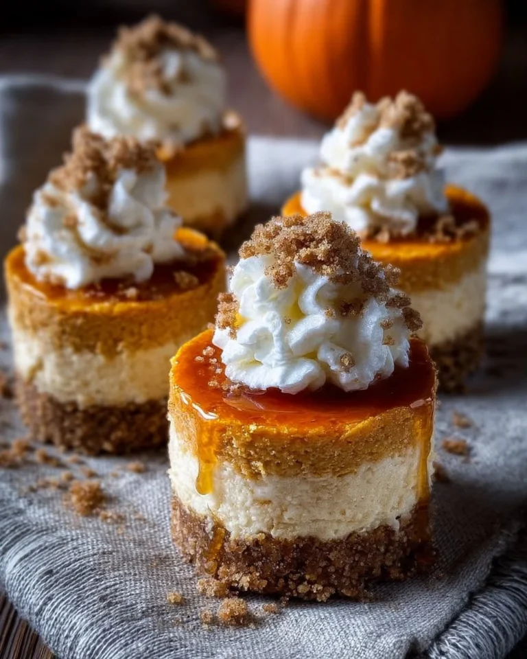 Delicious no bake mini pumpkin cheesecakes topped with whipped cream.