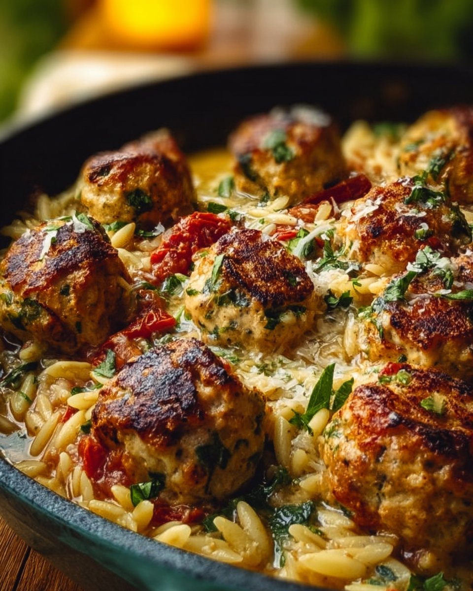 One Pan Tuscan Chicken Meatballs and Orzo