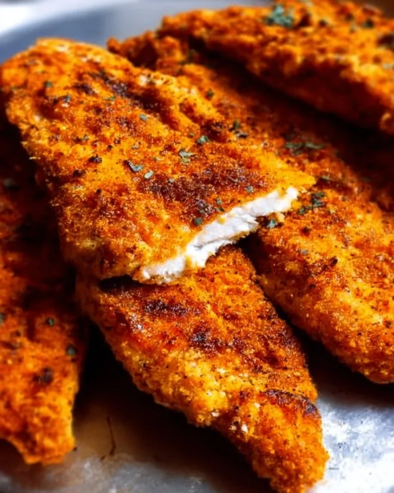 Crispy oven-fried chicken breast served with herbs on a plate