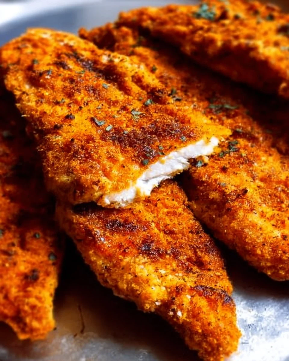 Crispy oven-fried chicken breast served with herbs on a plate