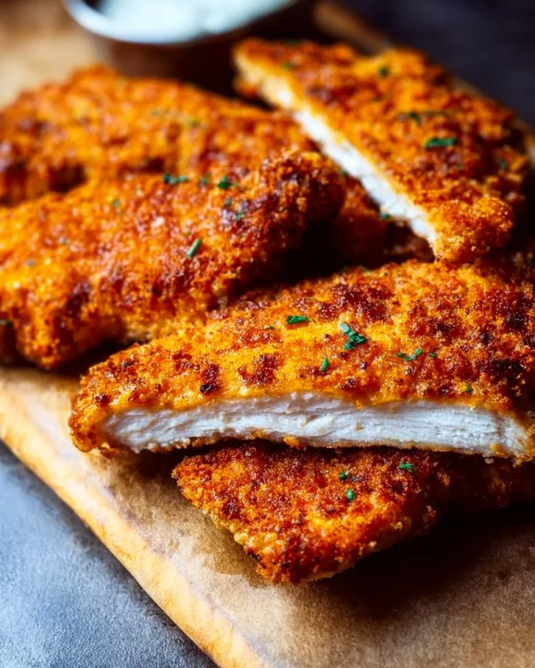 Crispy oven-fried chicken breast served with a side of vegetables