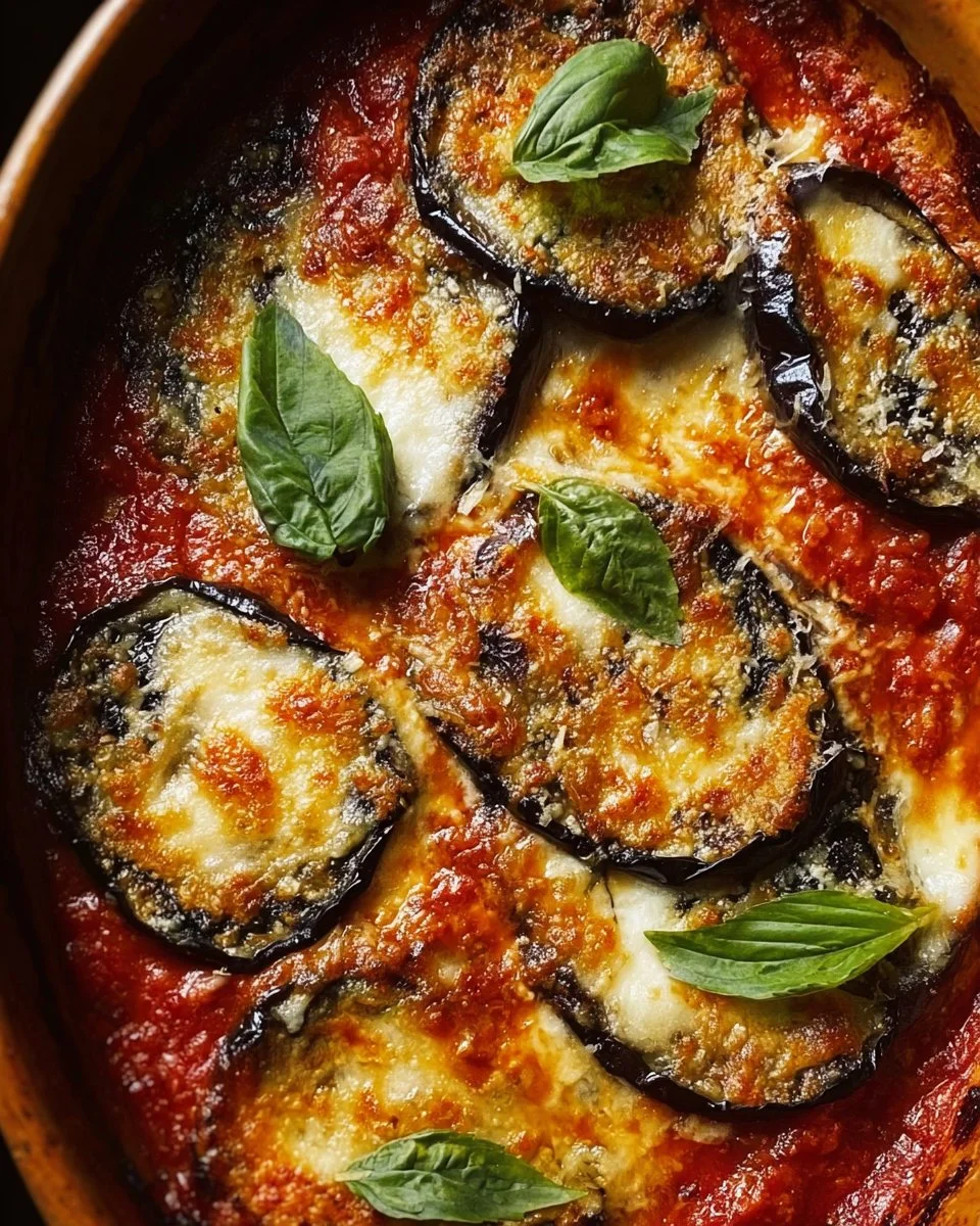 Oven-roasted eggplant parmesan served with fresh basil and marinara sauce.
