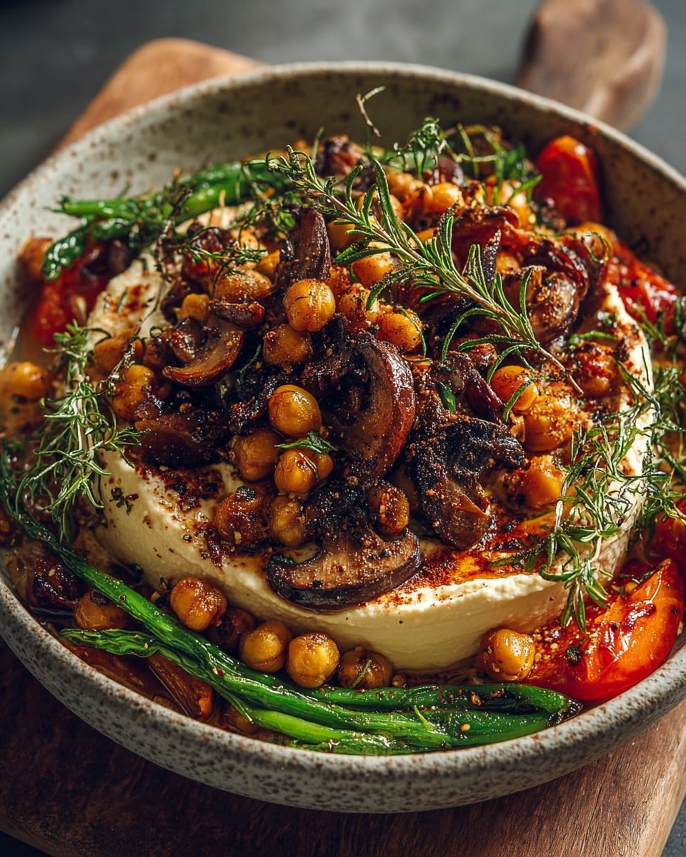 Whipped Tofu with Roasted Vegetables, Mushrooms & Crispy Chickpeas (The Ultimate Plant-Powered Comfort Bowl)