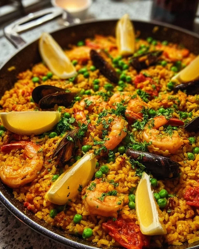 Delicious seafood paella served in a traditional Spanish dish.