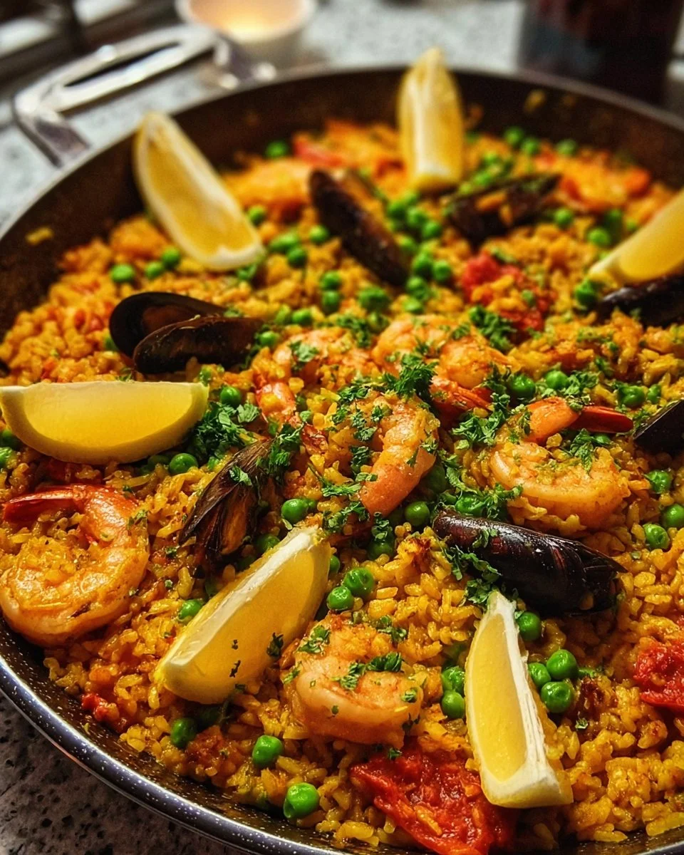 Delicious seafood paella served in a traditional Spanish dish.