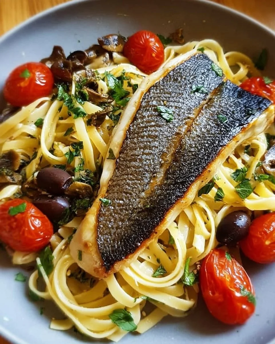 Pan Fried Sea Bass served with Olive Linguine on a plate