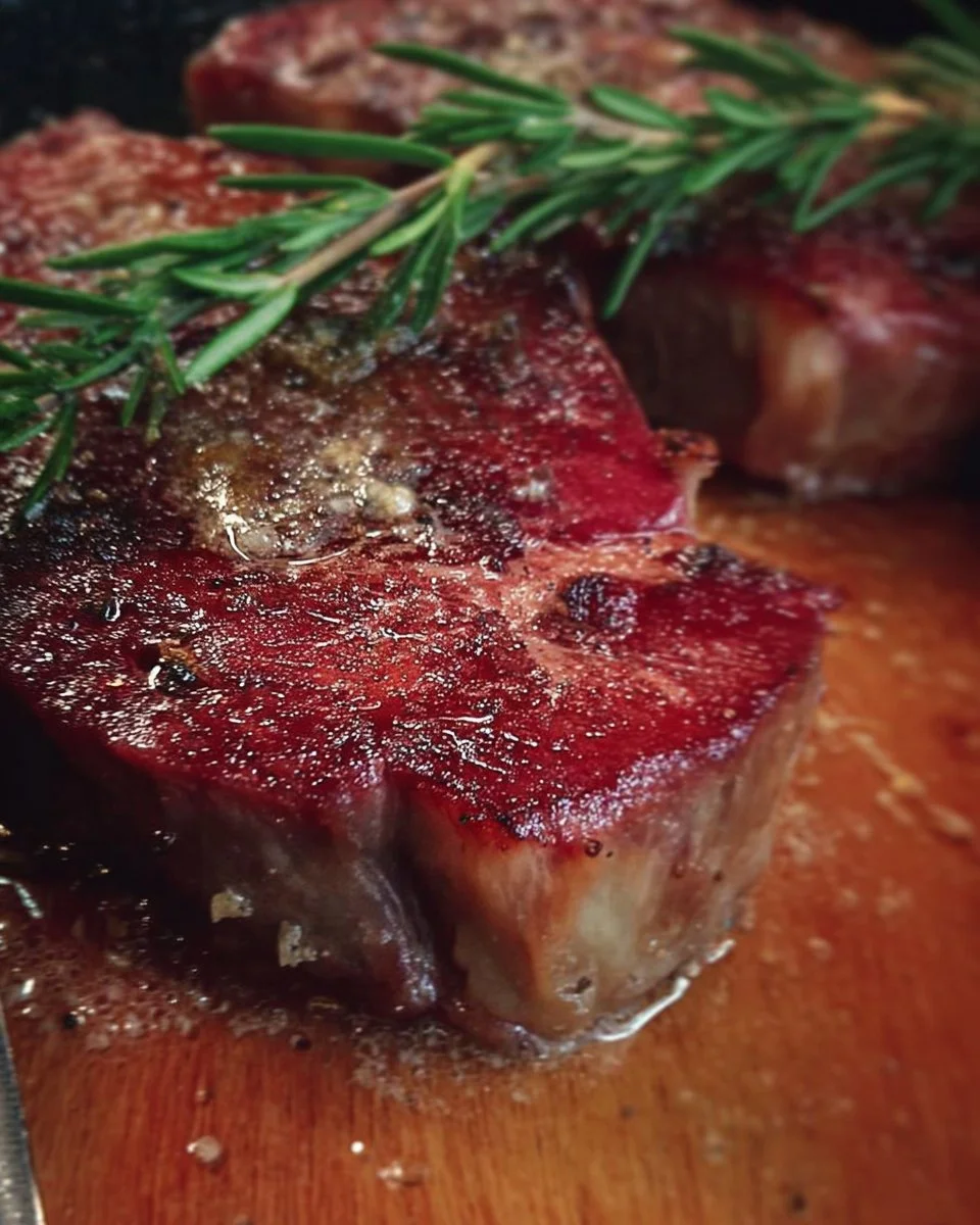 Juicy pan seared steak on a wooden cutting board ready to be served.