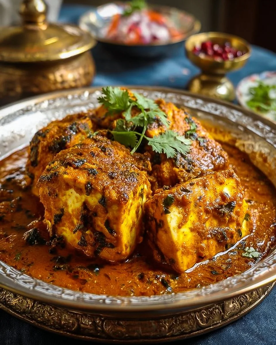 A plate of Paneer Musallam garnished with herbs and spices.