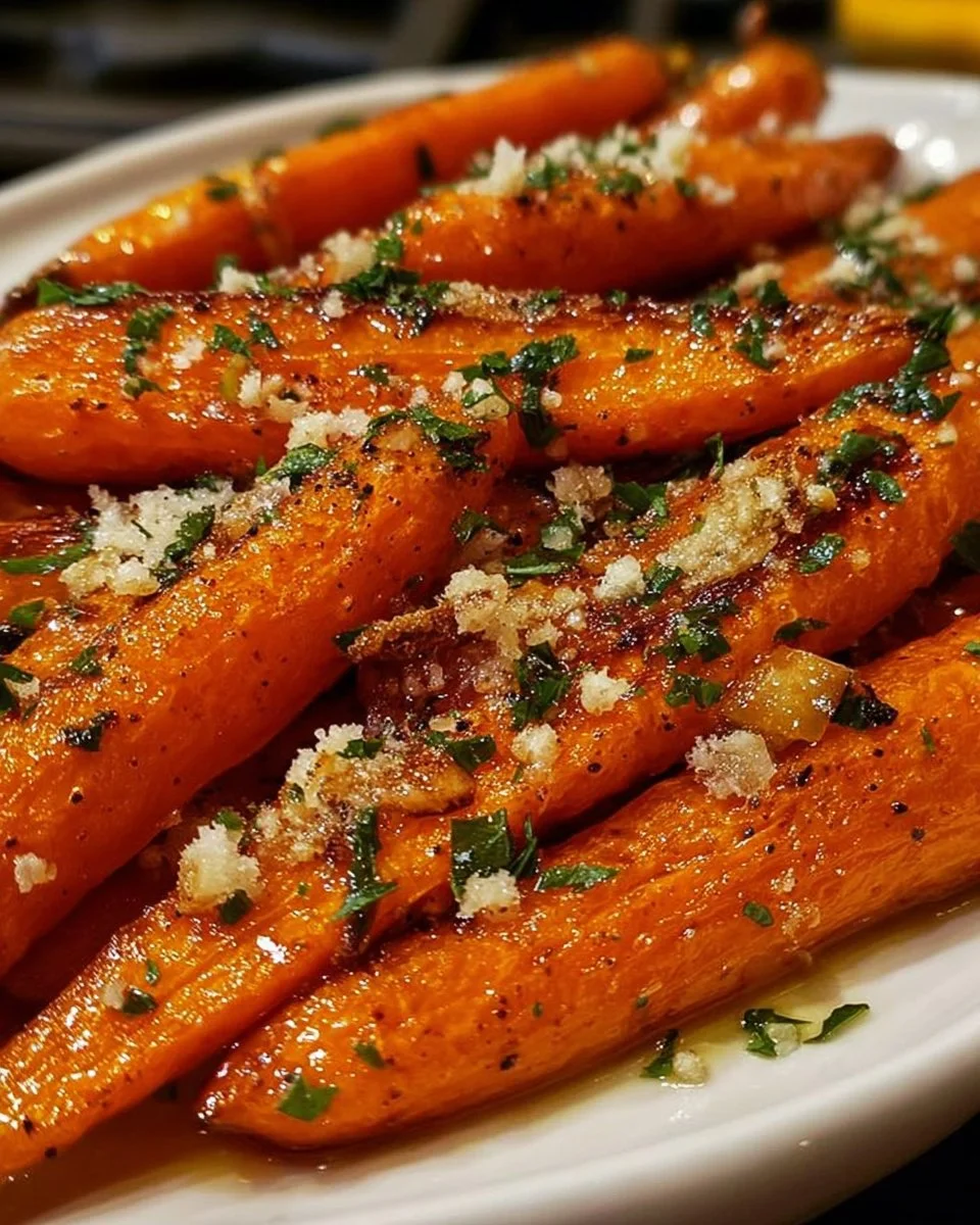Bowl of Parmesan Garlic Carrots garnished with herbs